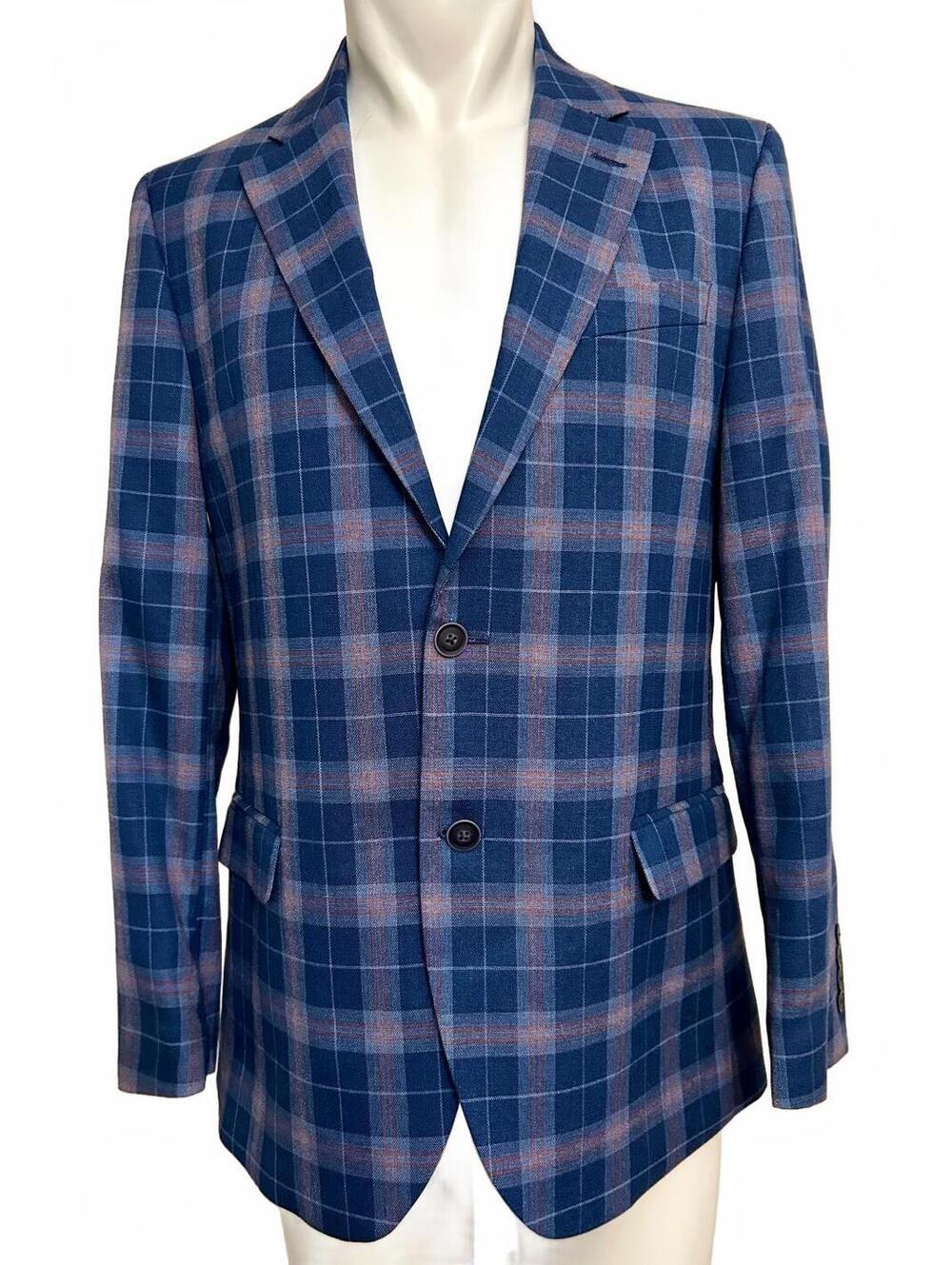 Nautica Mens Blazer 40R Modern Fit Blue Plaid Windowpane Sport Coat 2 Button